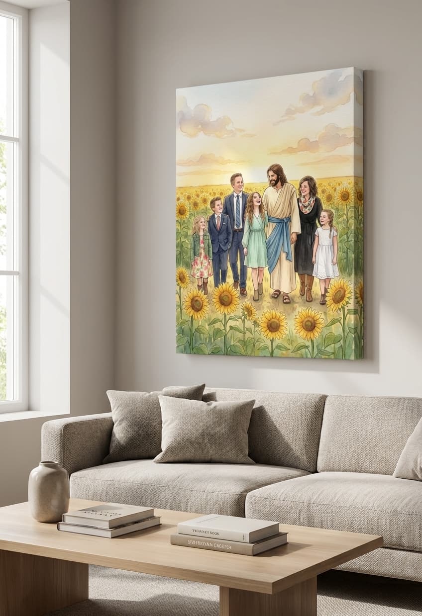 Family with Jesus printed on a gallery-wrapped canvas hanging in a living room