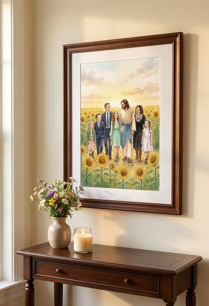 Family with Jesus printed and framed with mat, displayed on a mantel