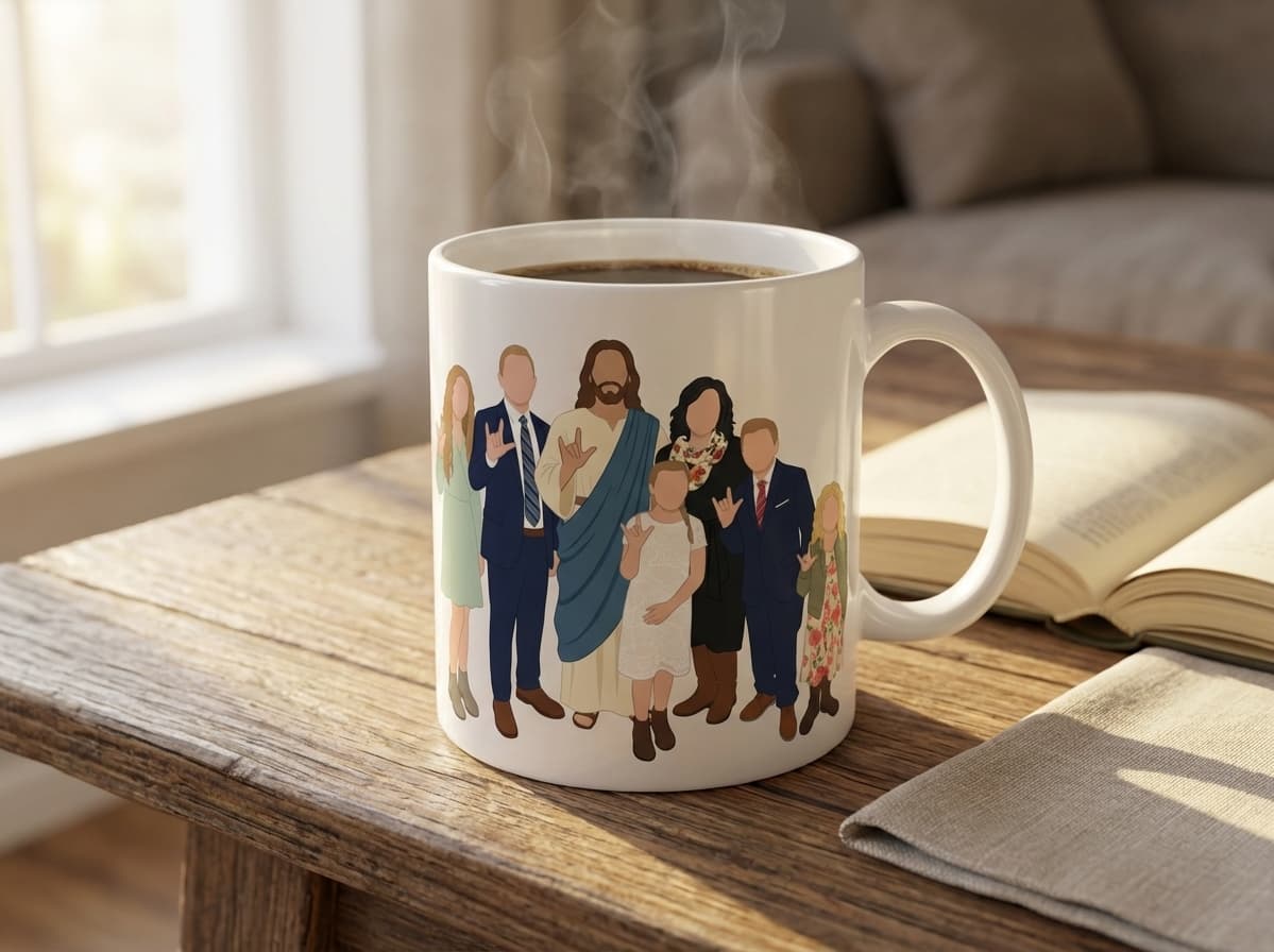 Family with Jesus printed on an 11oz ceramic mug